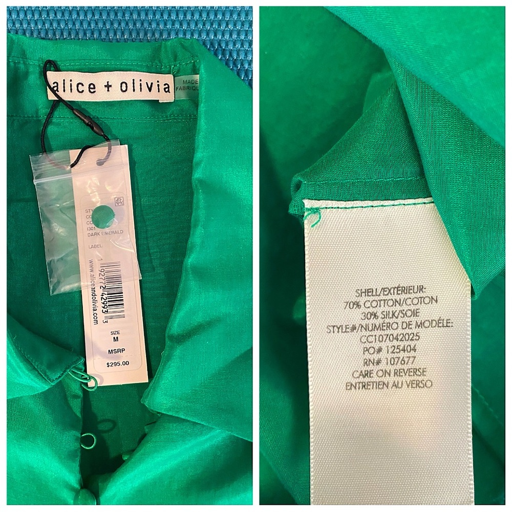 Alice + Olivia Joey Emerald Green Button Front Silk Blend Smocked Blouse - Picture 13 of 15